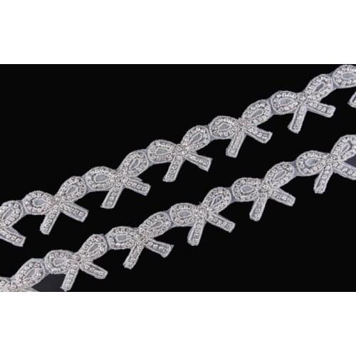 10Yard Lovely Bows Shape Rhinestone Applique Trim Handmade Hot Fix Beaded Crystal Trimming For Girl Wedding/Bridal Belt/Sash