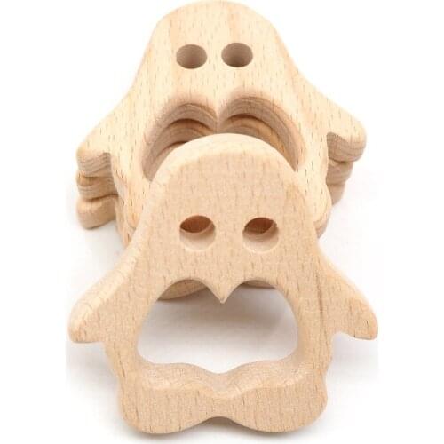 Chenkai 10pcs Wood Penguin Teether Ring DIY Organic Eco-friendly Nature Baby Pacifier Rattle Teething Grasping Animal Toy