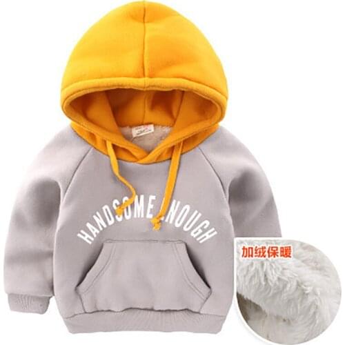 Winter Kids Plus velvet sweatshirts hoodies Thick cotton Fashion Baby Boys girl Warm Cashmere coat clothes Solid color letters