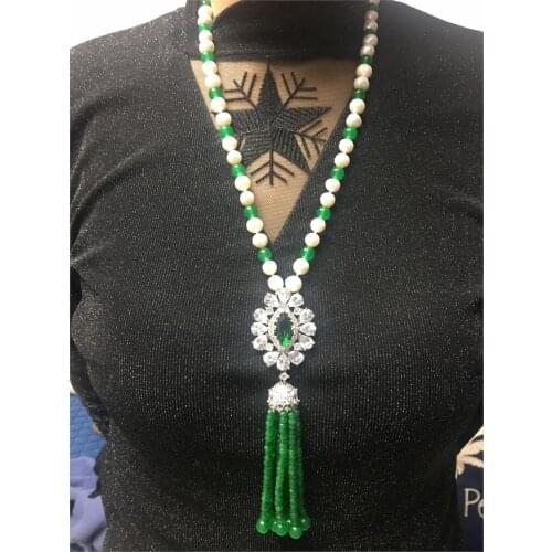 Hand knotted new natural 9-10mm white freshwater pearl inlaid green stone long tassel necklace sweater chain fashion jewelry