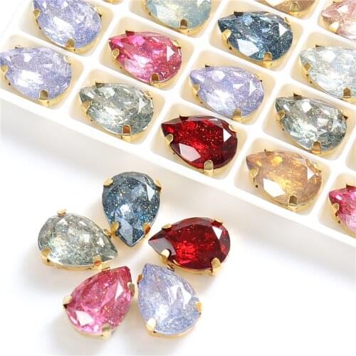 10x14mm Teardrop Resin Sew On Rhinestones With Gold Claw Crystal Sewing Rhinestones for Needlework