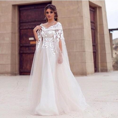 Dubai Lace Cape Style Wedding Dresses 2017 Bateau Neck 3D Flower Lace Maternity Destination
