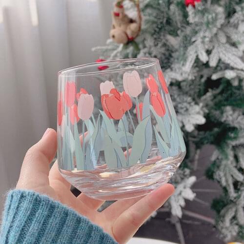 450ML Transparent Glass Tulip Coffee Milk Mug With Handle Home High Capacity Breakfast Mugs Bowl Oatmeal Cereal Cups Gift Cup