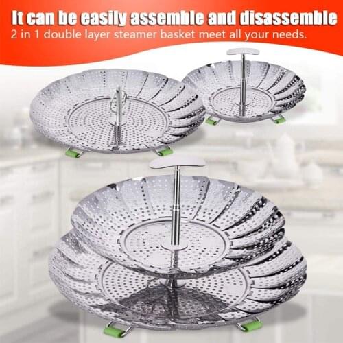 LHS Food Steamer Basket Double Layer Stainless Steel Kitchen Steamer Collapsible Steamer Insert for Veggie Fish Seafood Cooking