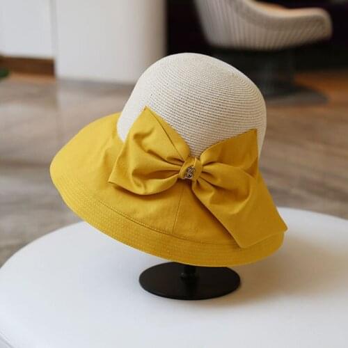 New Elegant Cotton Straw patchwork Wide Brim Bucket Hats for Women Foldable Beach Sun Protection Hats with Nice Bowknot