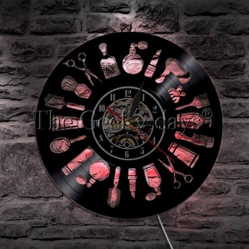Barber Shop Hairdresser Equipments LED Night Light Grooming Beauty Salon Vinyl Record Wall Clock With Color Change
