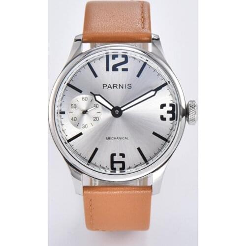 Parnis 46mm Stainless steel silver case white Dial Mechanical Hand Wind Watch Men Luminous Waterproof Leather Strap Wristwatch