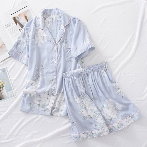 Summer new cotton silk pajamas suit ladies buttoned comfortable man-made pure cotton female summer short-sleeved shorts