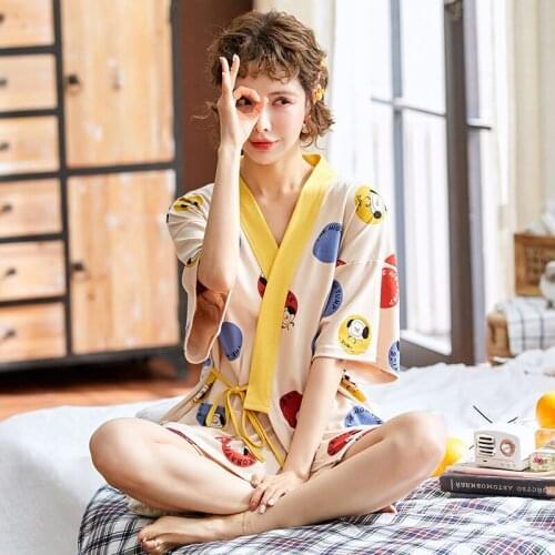 Japanese Style Pajamas for Women Summer Fashion Cute Cartoon Printing Short Sleeve Nightgowns Sets Loose Thin Cardigan Homewear