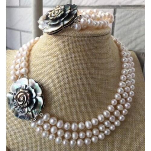 Popular 3row 7-8mm south white pearl necklace 17"-19" &bracelet 8"