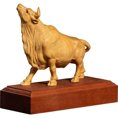 10cm Bull with Base Mascot Wood Carving Office Decorations Home Decoration Bullish Adult Gift Chinese New Year