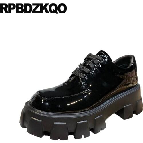 Harajuku Women Patent Leather Designer Black Genuine Lace Up Muffin European Thick Sole Elevator Oxfords Creepers Platform Shoes