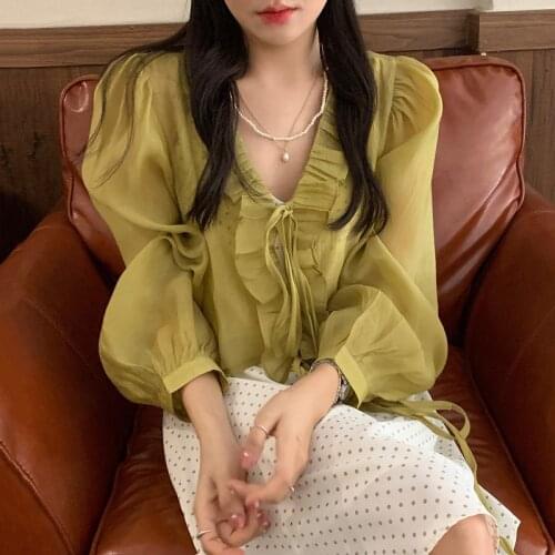 Sannian Women Set Sweet Lace Micro-transparent Long-sleeved Sunscreen Shirt+polka-dot V-neck Suspender Dress Suit Women Clothes