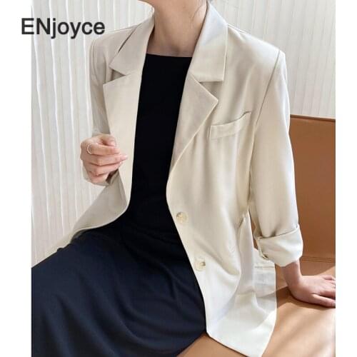 Women Simple Beige Suit Blazer Korean Style Casual New Lapel Long Sleeve Loose Suits Jacket Suits Fashion Spring Fall 2021