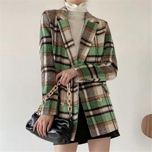 New Elegant Women Green Plaid Woolen Coats 2021 New Fashion Ladies Double Breasted Blazers Streetwear Female Chic Pocket Jacket