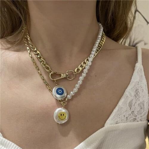Vintage Smile Evil Eye Pendant Necklace for Women Chunky Jewelry MultI Pearl Chain Chokers Necklaces Female Clasp Bijoux 2021