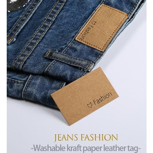 100Pcs Leather Label PU Printed Synthetic Leather Fashion Tag Washable Kraft Paper Patch Embossed Labels Sewing Accessories