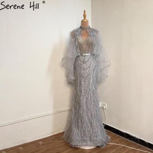 2020 Silver Serene Hill Luxury V-Neck Beading Mermaid Evening Dress Shawl Yarn Feathers Sexy Formal Evening Gowns DLA70421