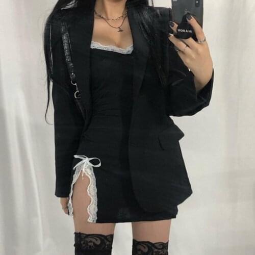 2021 New Fashion Women Girl Black Mini Dress Sleeveless Split Bodycon Dresses Lace Bowknot Decorate Slim Party Clubwear Sundress