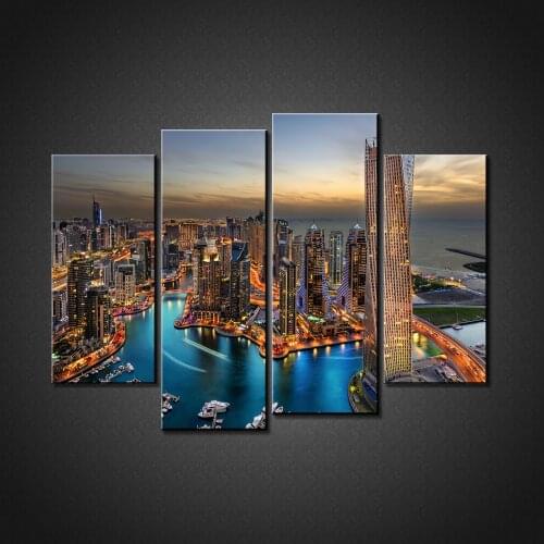 4 Pcs HD Print DUBAI MARINA SUNSET Posters Canvas Wall Art Painting Modular Pictures On The Wall Sitting Room No Framed