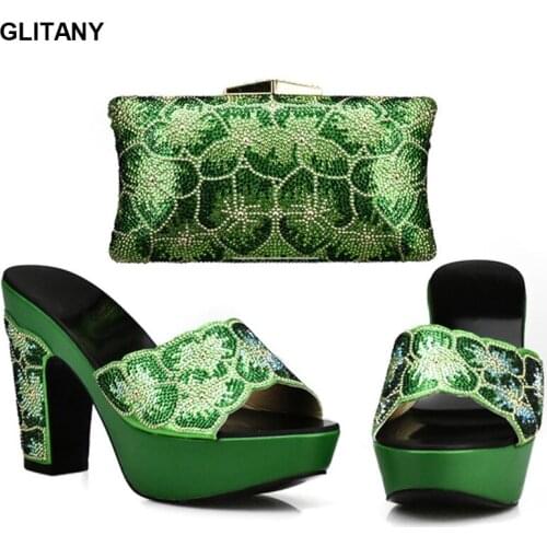 African Italian Shoes and Bag Set Decorated with Rhinestone Nigerian Women Wedding Shoes and Bag Set Italy Shoe and Bag Set 2017