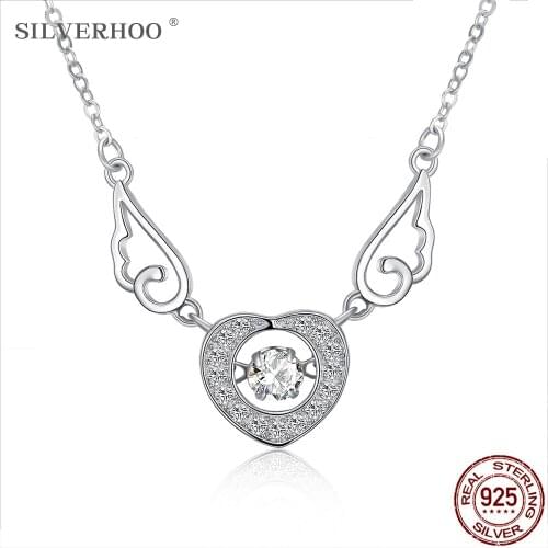 SILVERHOO S925 Sterling Silver Necklace For Women Heart Shape Inlay Zircon Angel Wings Trendy Valentine Party Gifts Fine Jewelry