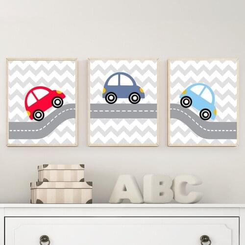 Nordic Kids Posters Cartoon Cars Canvas Painting Nursery Wall Pictures Red Blue Cars Prints For Children Boys Bedroom Decor