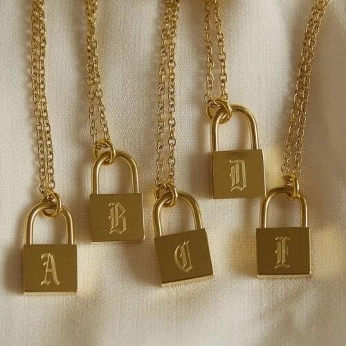 Ancient English Letters Alphabet Lock Pendant Stainless Steel 18k Gold Plated Chain Necklace for Women Birthday Jewelry for Men