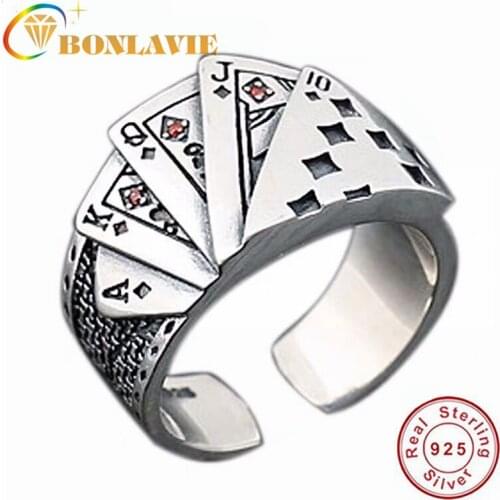 BONLAVIE Silver Color Retro Spade Mens Poker Card Ring Fashion Single Ring Opening Index Finger Ring