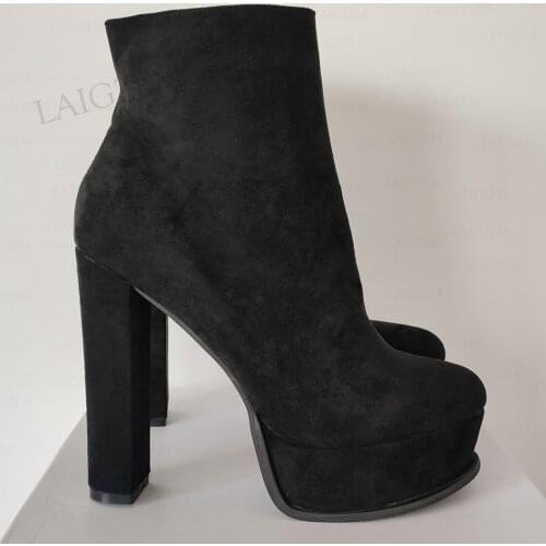 LAIGZEM SUPER Women Ankle Platform Boots Lace Up Faux Suede Thick High Heels Booties Female Shoes Woman Big Size 38 40 44 45 52