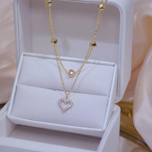 Ins Hot Sale Delicate Crystal Heart Charm Pendant&necklaces for Women Double-layer Chain Choker Necklaces Gift