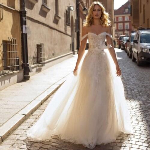 Sweetheart Lace Applique A-Line Off Shoulder Detachment Skirt Bow Tulle Wedding Dress 2021 Vestido De Noiva Bridal Gown