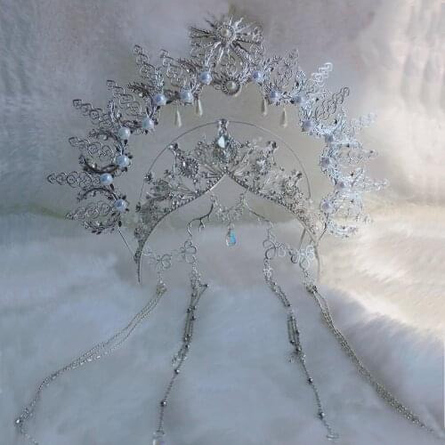 Handmade KC Silver Halo Crown Headdress Lolita Madonna Aperture Crown Headpiece Bead Chain Hair Hoop Tiara Hair Ornaments