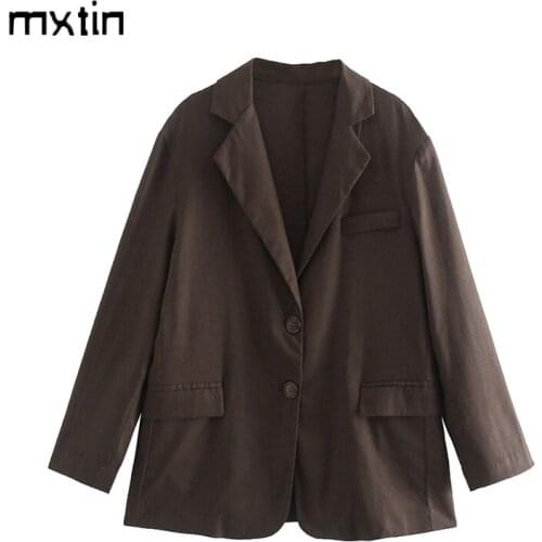 MXTIN 2021 Women Autumn Fashion Solid Single Breasted Blazers Coat Vintage Lapel Collar Long Sleeve Office Ladies Casual Coat