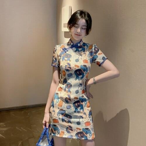 2021 Summer New Modified National Style Short Literary Cartoon Retro Playful Girl Cheongsam Dress