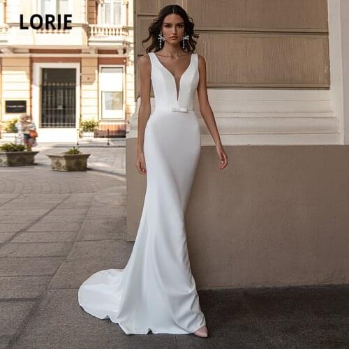 LORIE Simple Beach Wedding Dresses 2021 V-Neck Mermaid Wedding Gown Bow Backless White Ivory Bride Dress vestidos de boda