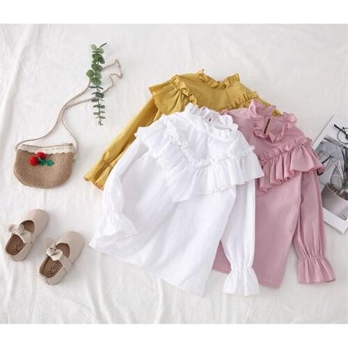 2020 Spring Toddler Girls Shirts Spring Korean Ruffled Long Sleeves Blouse For Girls 2 3 4 5 6 7 Y Baby Shirts Girls Tees Topa