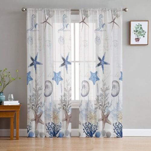 Ocean Starfish Shell Tulle Sheer Window Curtains for Living Room Kitchen Children Bedroom Voile Hanging Curtain