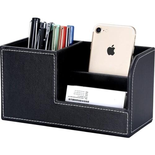 3 Compartments Patent Pen Holder PU Leather Pencil Pot Office Desk Organizer