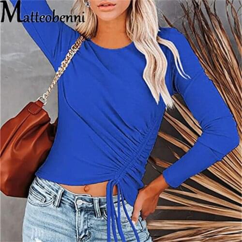 Women’s Casual Long Sleeve Shirring T-Shirt Fashion Solid Color Drawstring Lace-Up Slim Fit Crop Tops Tee Autumu Street Clothes