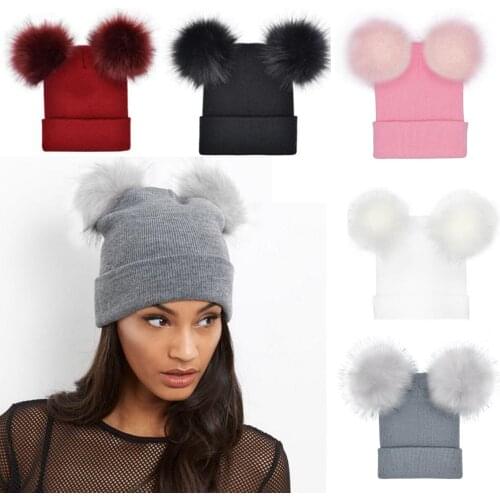 Women Winter Warm Double Pom Pom Knitted Hat Bobble Beanie Ski Soft Cap Casual