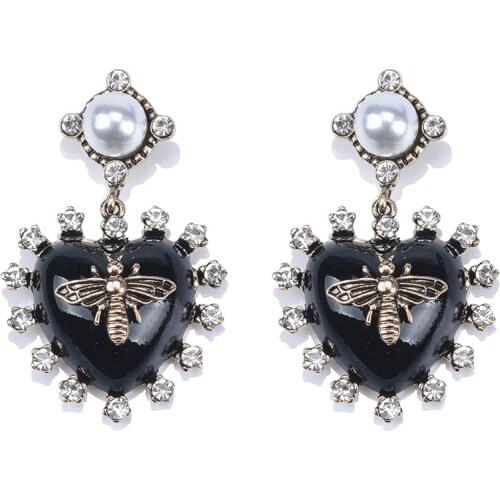 Black Heart Bee Drop Earrings Women Fashion Faux Pearl Rhinestone Long Earrings Female Statement ZA Earrings Jewelry 2020