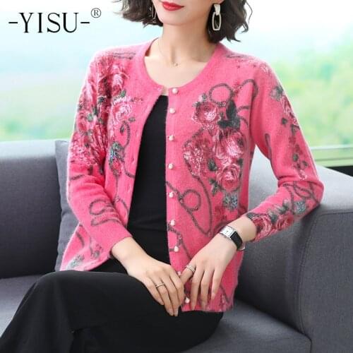 YISU Autumn Winter Cardigan Sweater Women 2020 New Long Sleeve O-neck Knitted Sweater Coat Rose print sweater cardigan Women