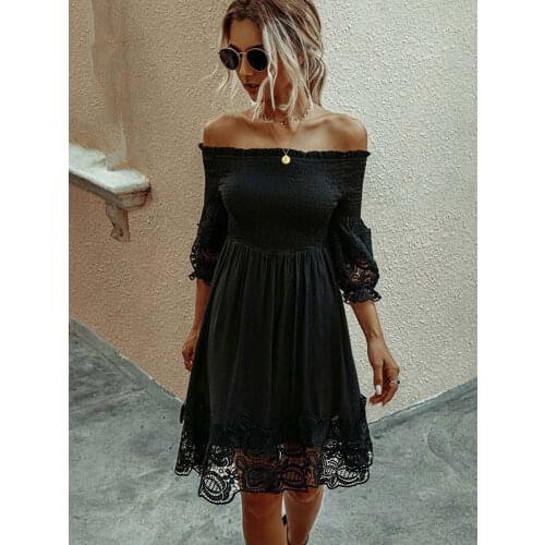 2021 Off Shoulder Women Elegant Dress Autumn Ruched White Black Lace Dress Midi A Line Backless Party Dresses Ladies