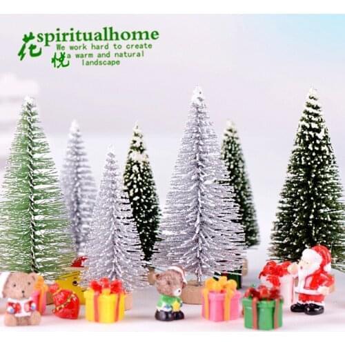 2PCs Artificial Christmas Tree Figurine Sisal Silk Cedar Pine Tree Mini Miniature Micro Landscape New Year Fairy Garden Decor
