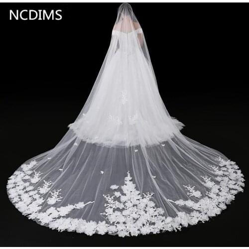 2019 Cathedral Veil For Wedding Dress Bridal Veils 3D Flowers Soft Tulle White Ivory Tulle One Layer With Comb 5 Meters