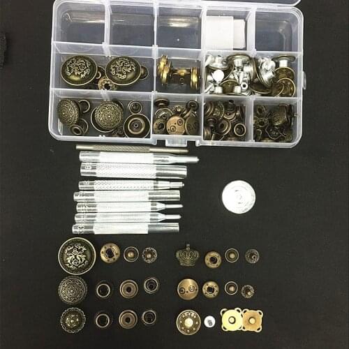 48sets Metal Snap Fastener Press Stud Buttons Poppers Leather Craft Magnet Button Jeans Button for Clothing Sewing+9pcs Tools