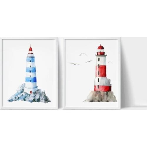 Nordic Style Watercolor Lighthouse Posters and Prints Cartoon Hand Drawn Wall Art Canvas Painting Pictures for Kids Room Decor