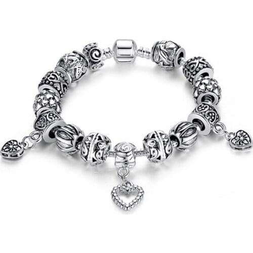 Antique Silver Heart Bead Charm Bracelet Silver 925 for Women Authentic Jewelry PA1431