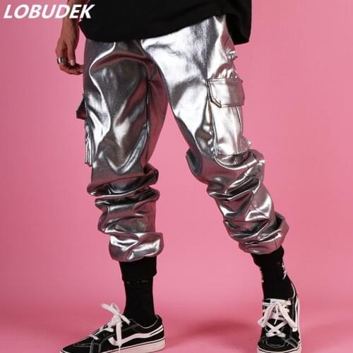 2019 New Men Silver Harem Pants Tide Male Singer Dancer Stage Costume Rock HIP HOP Dance Performance Trousers Loose Long Pants